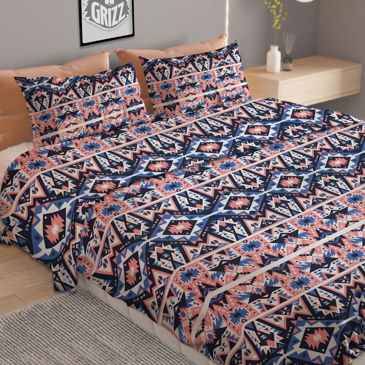 Southwestern Blue And Pink Print Pattern Duvet Cover Bedding Set