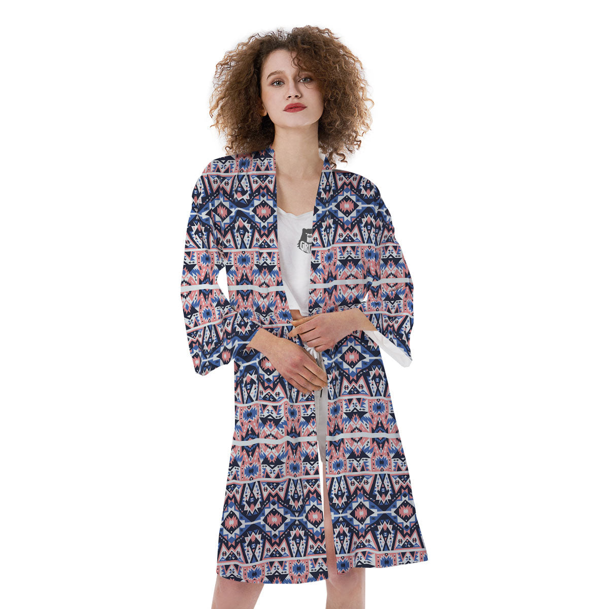 Southwestern Blue And Pink Print Pattern Kimono-grizzshop