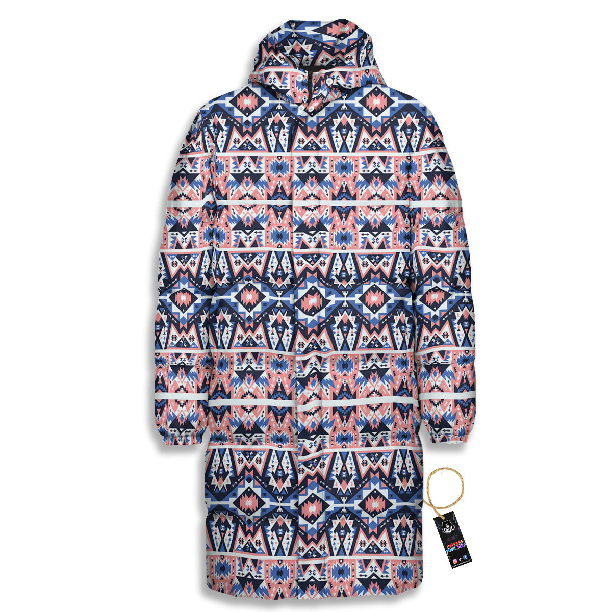 Southwestern Blue And Pink Print Pattern Long Down Jacket-grizzshop