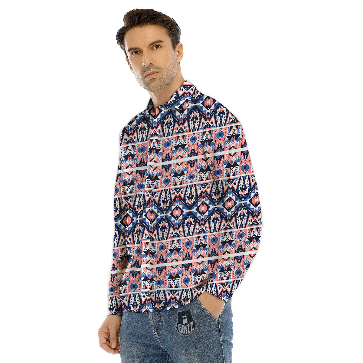 Southwestern Blue And Pink Print Pattern Men's Dress Shirts-grizzshop