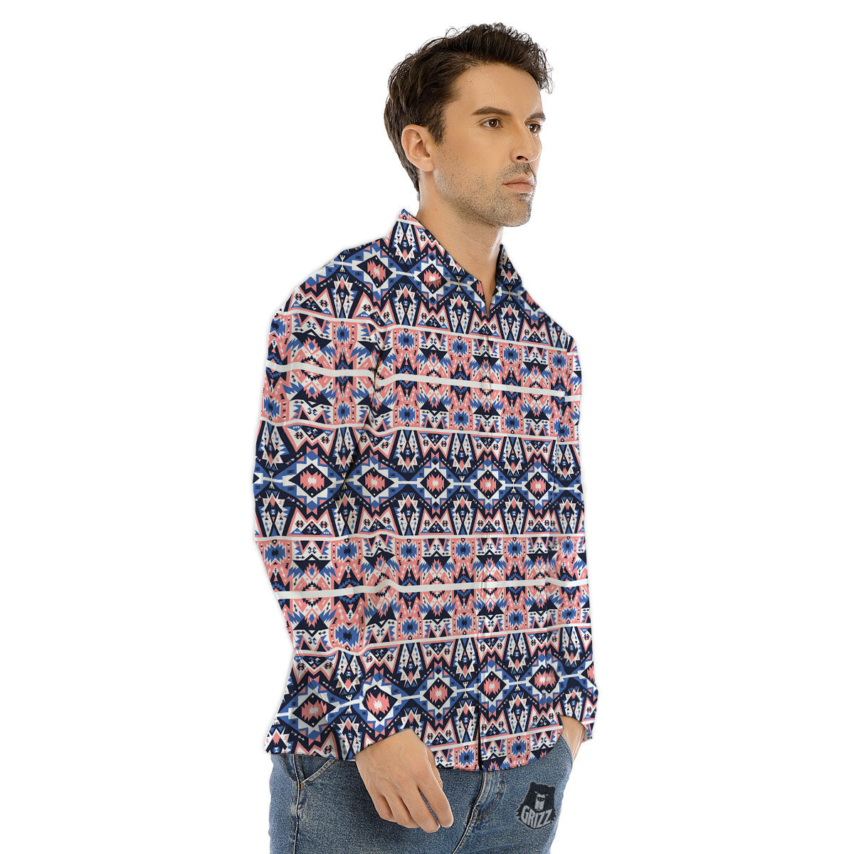 Southwestern Blue And Pink Print Pattern Men's Dress Shirts-grizzshop