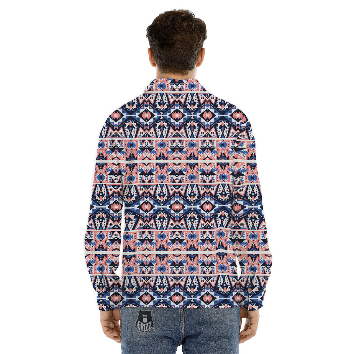 Southwestern Blue And Pink Print Pattern Men's Dress Shirts-grizzshop