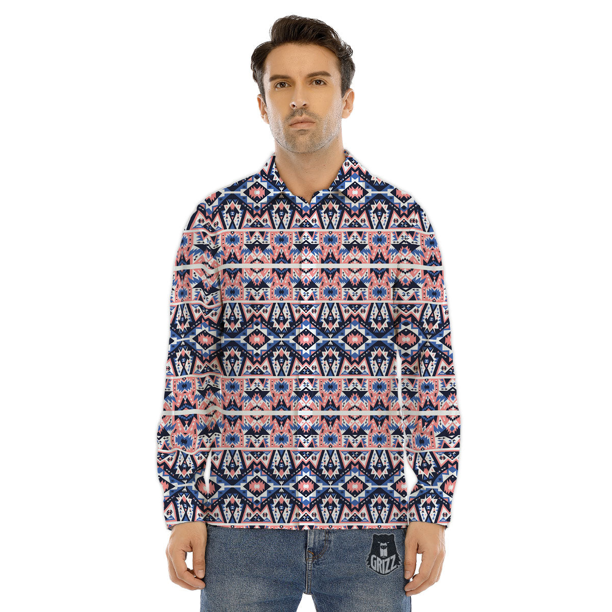 Southwestern Blue And Pink Print Pattern Men's Dress Shirts-grizzshop