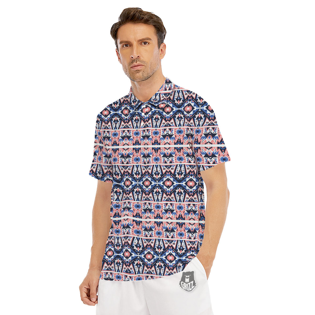 Southwestern Blue And Pink Print Pattern Men's Golf Shirts-grizzshop