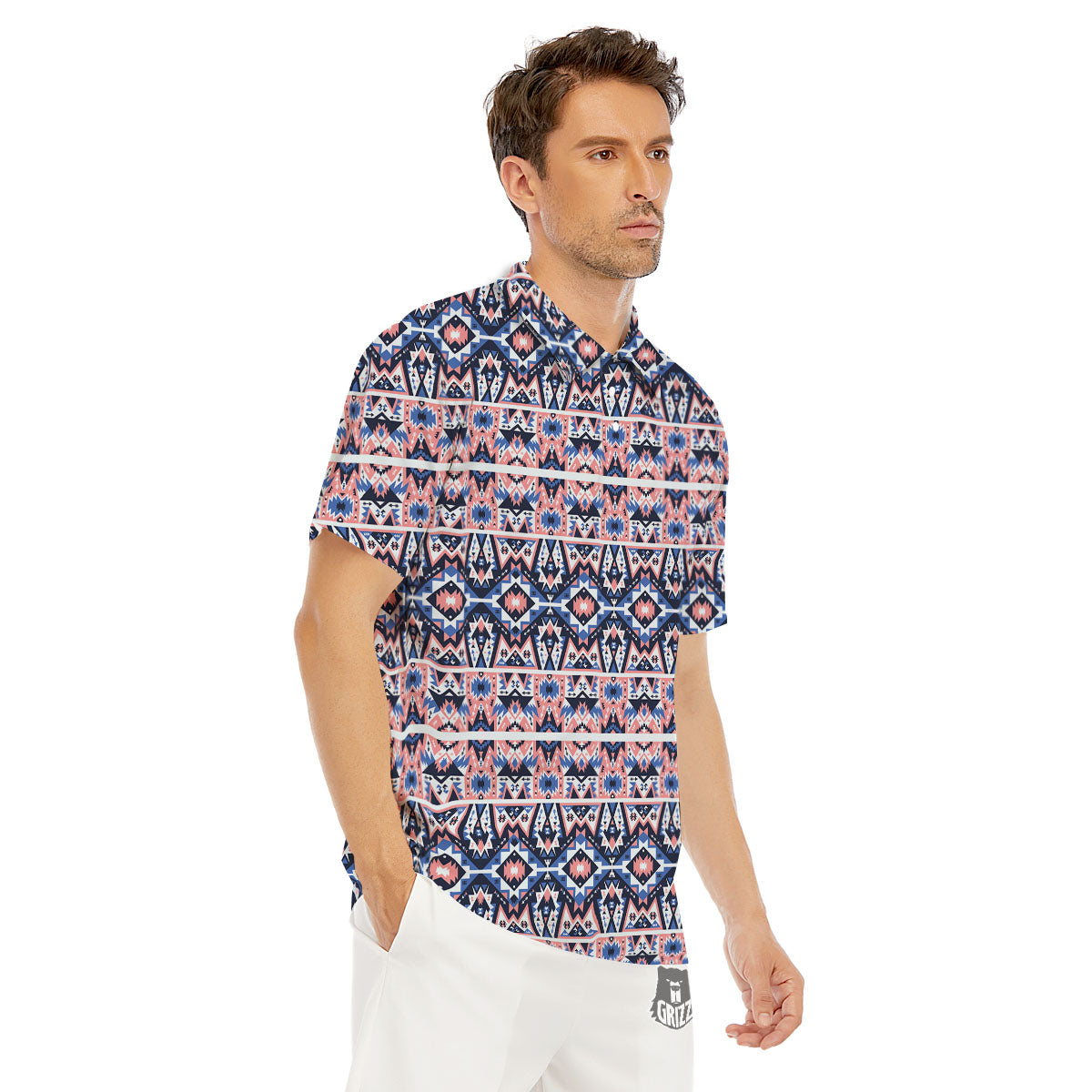 Southwestern Blue And Pink Print Pattern Men's Golf Shirts-grizzshop