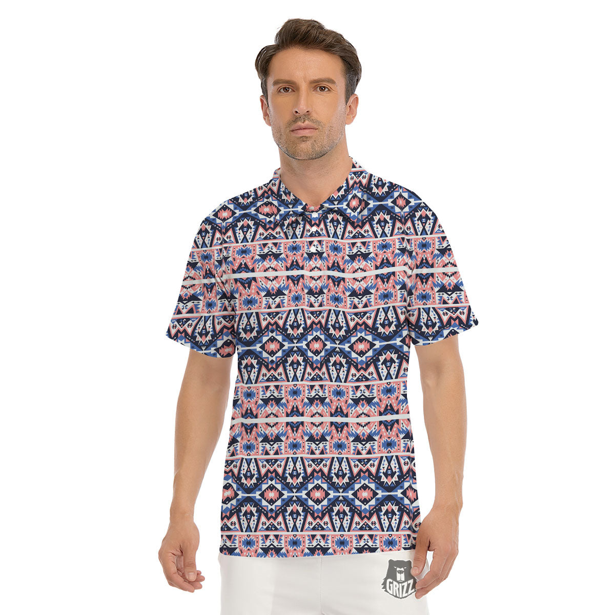 Southwestern Blue And Pink Print Pattern Men's Golf Shirts-grizzshop