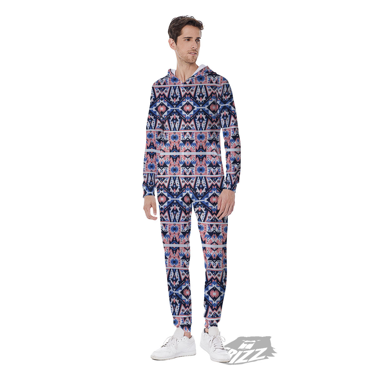Southwestern Blue And Pink Print Pattern Men's Jumpsuit-grizzshop