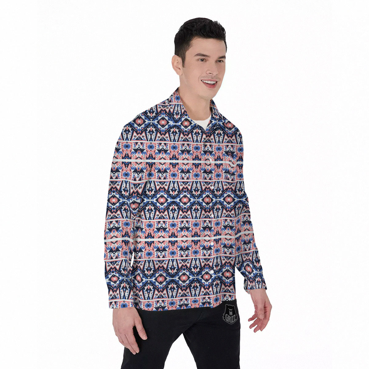 Southwestern Blue And Pink Print Pattern Men's Long Sleeve Shirts-grizzshop