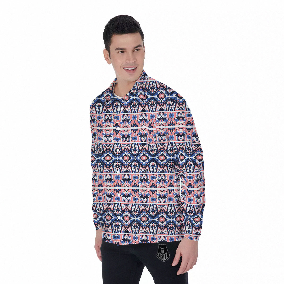 Southwestern Blue And Pink Print Pattern Men's Long Sleeve Shirts-grizzshop