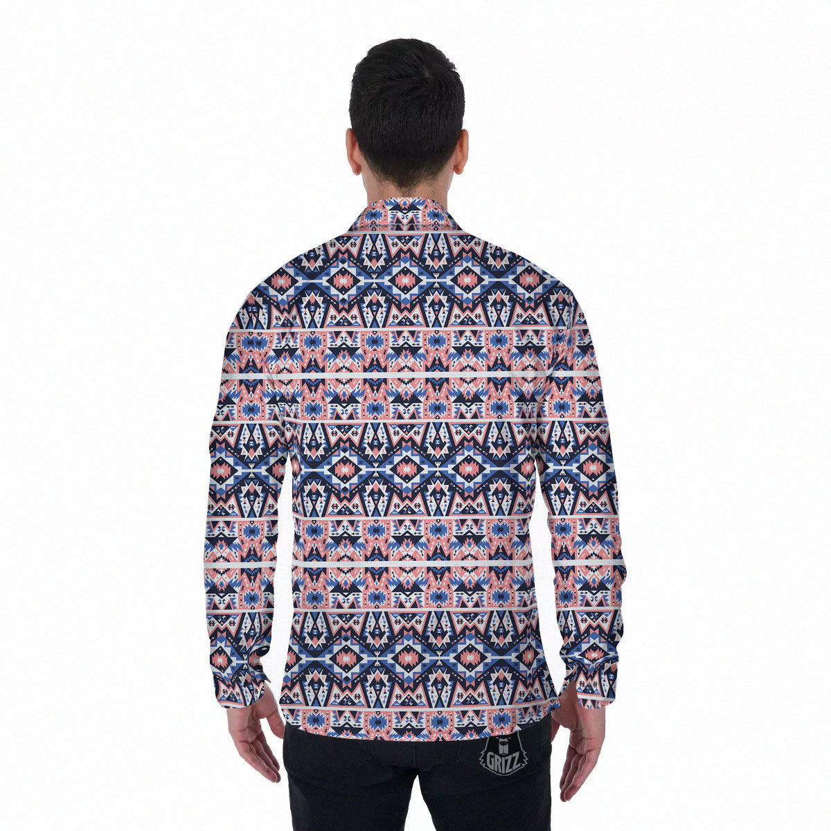 Southwestern Blue And Pink Print Pattern Men's Long Sleeve Shirts-grizzshop