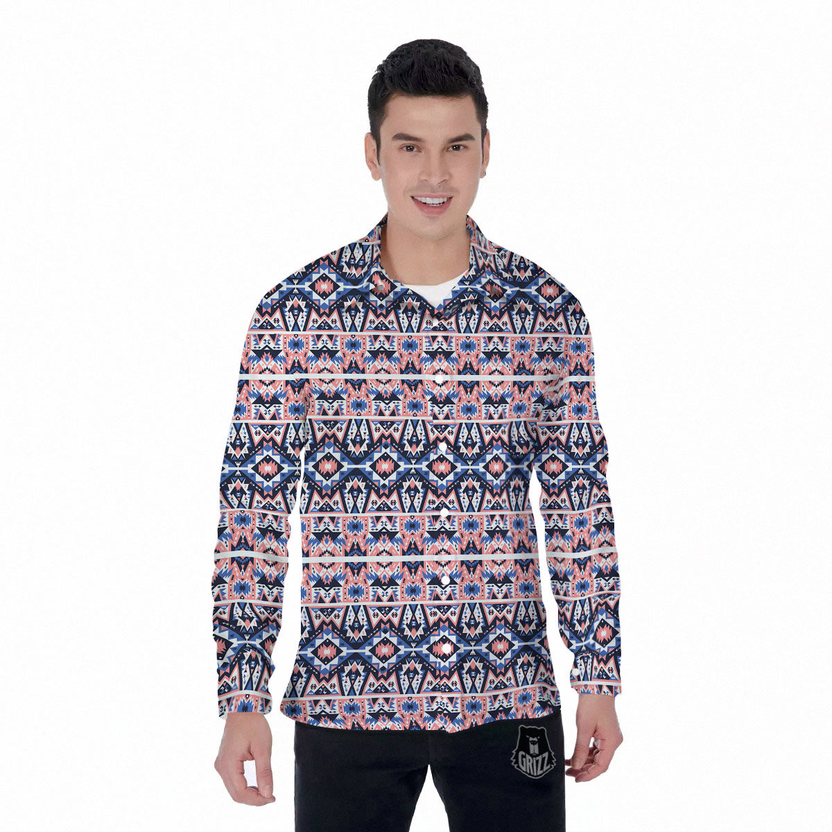 Southwestern Blue And Pink Print Pattern Men's Long Sleeve Shirts-grizzshop