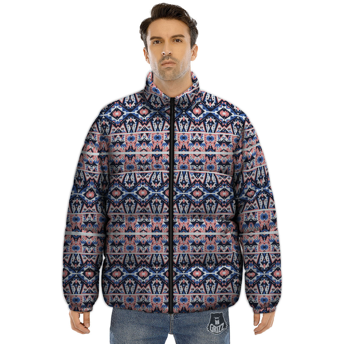 Southwestern Blue And Pink Print Pattern Puffer Jacket-grizzshop