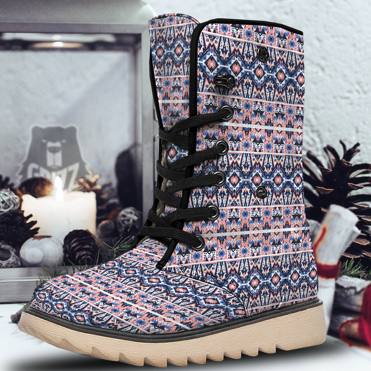 Southwestern Blue And Pink Print Pattern Snow Boots-grizzshop
