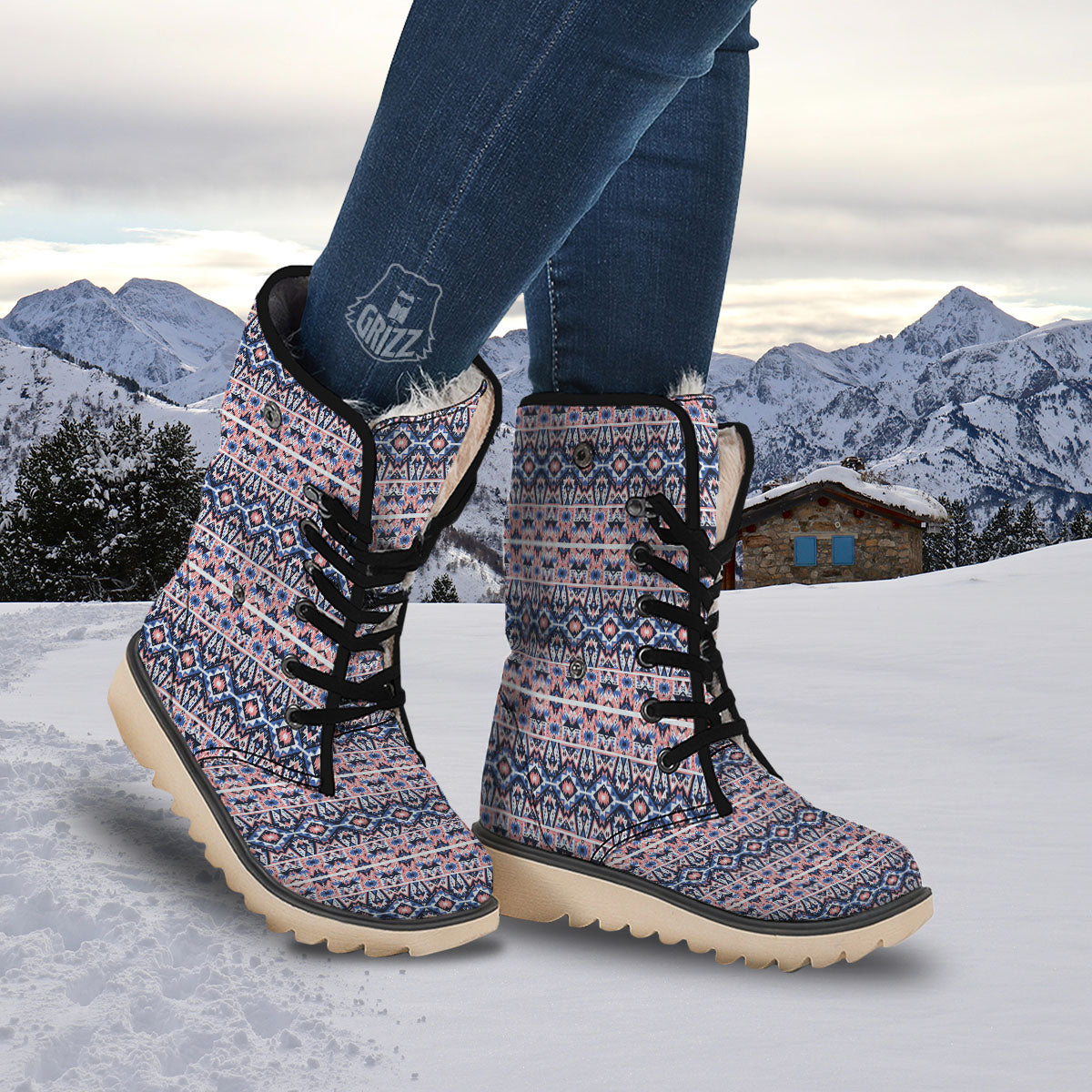 Southwestern Blue And Pink Print Pattern Snow Boots-grizzshop