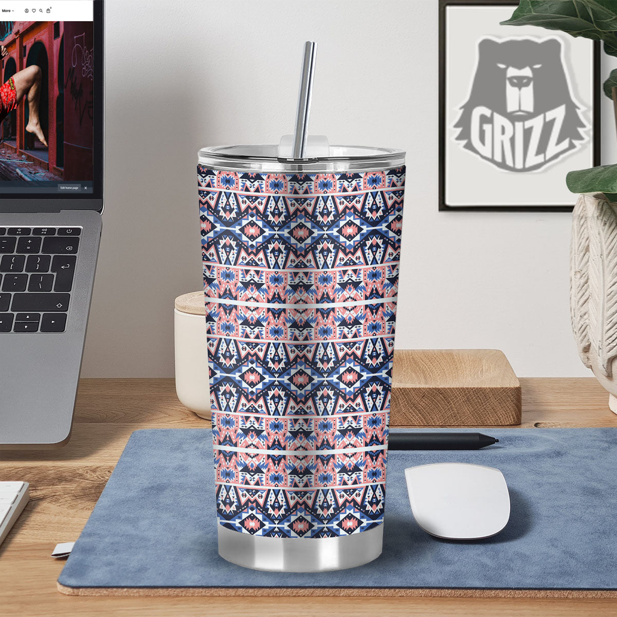 Southwestern Blue And Pink Print Pattern Tumbler-grizzshop