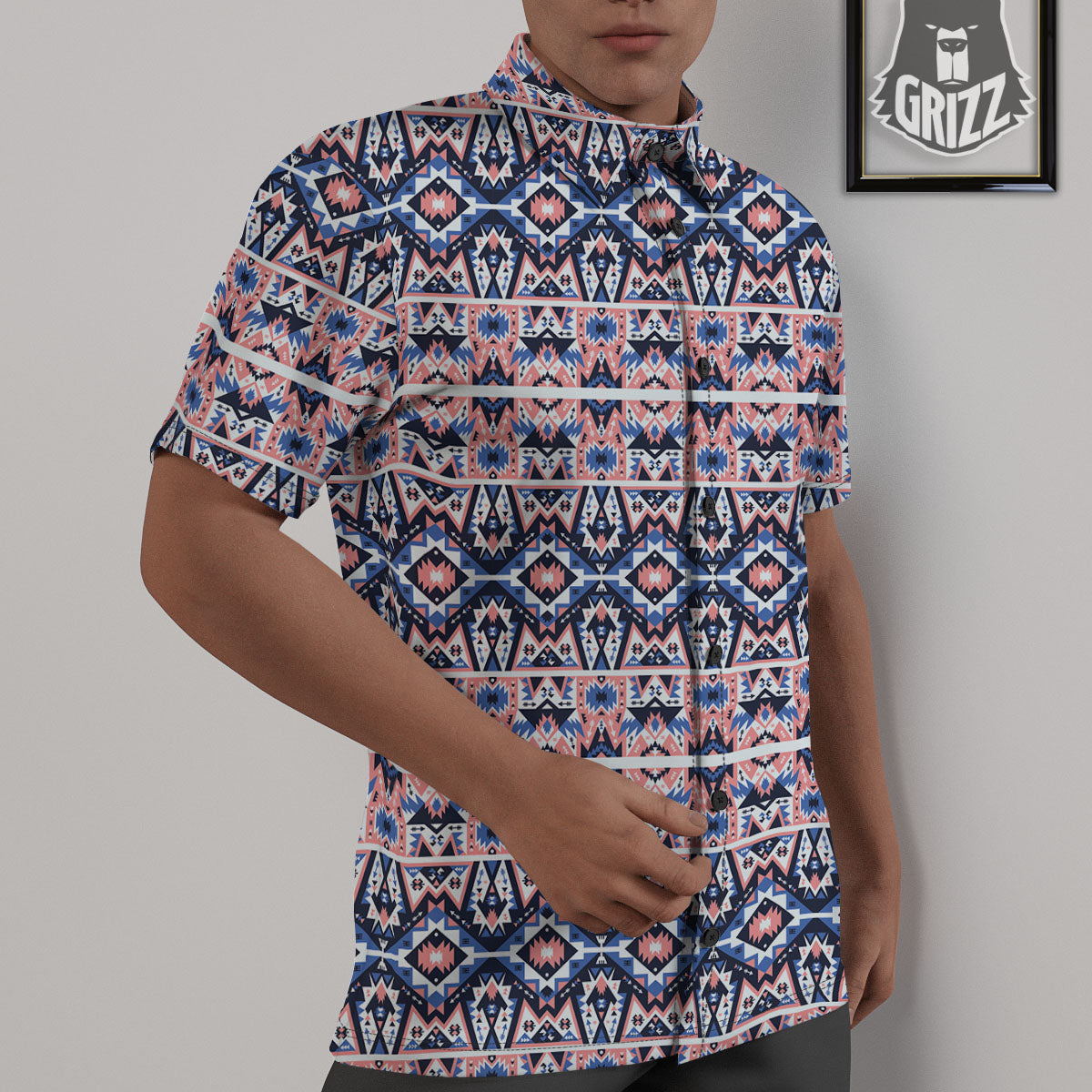 Southwestern Blue And Pink Print Pattern Untucked Shirts-grizzshop