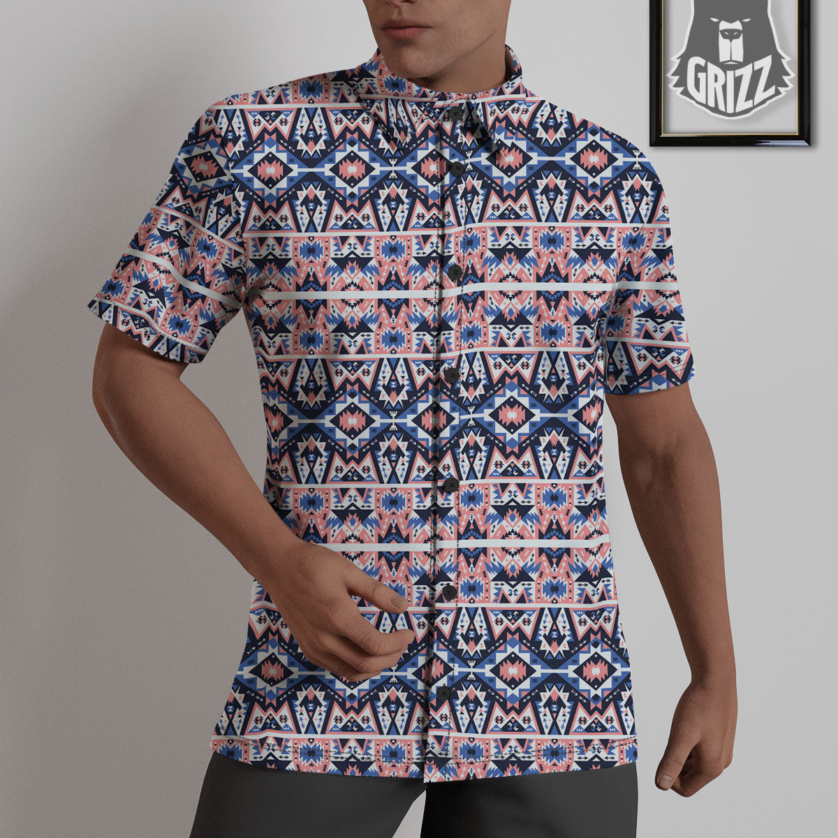 Southwestern Blue And Pink Print Pattern Untucked Shirts-grizzshop