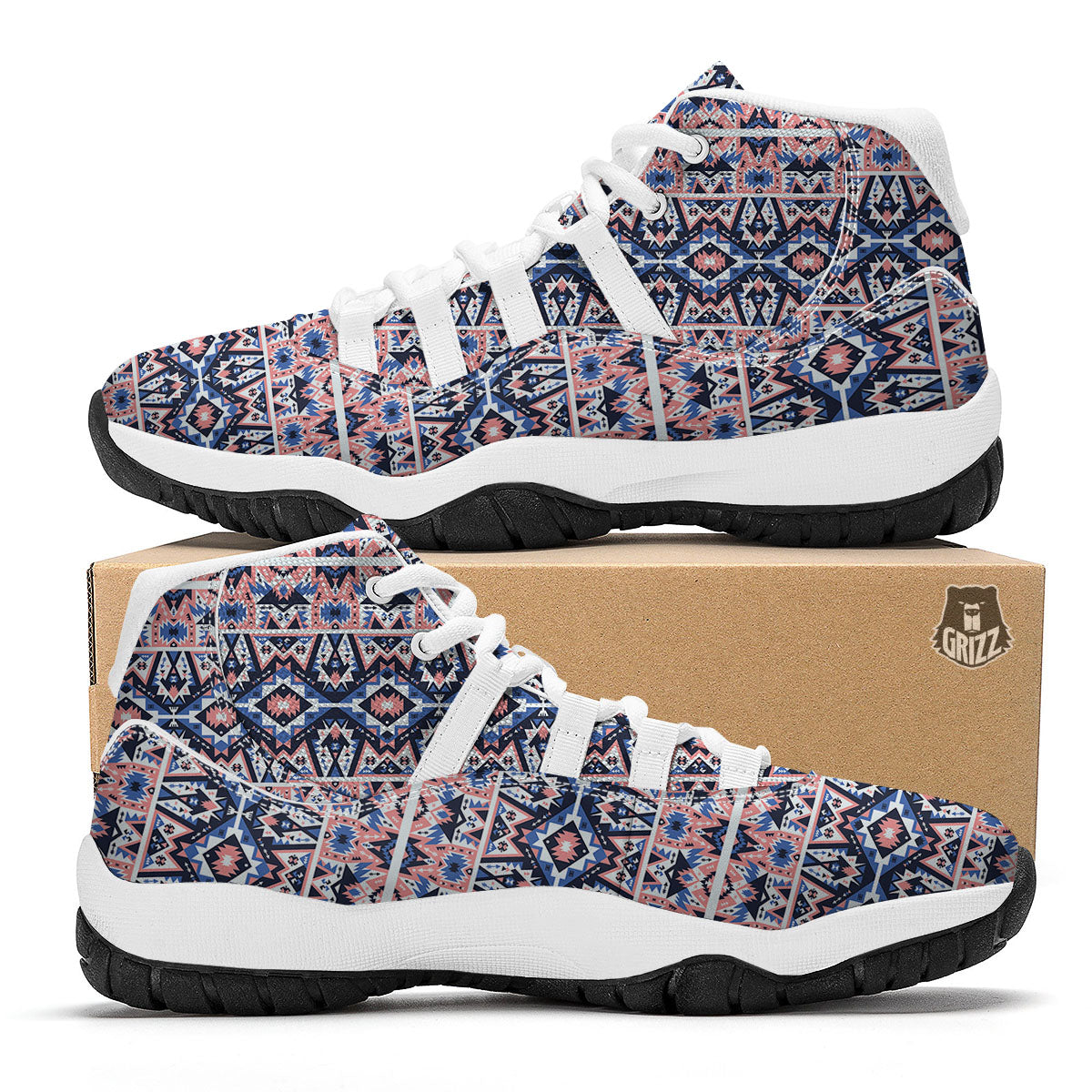 Southwestern Blue And Pink Print Pattern White Bball Shoes-grizzshop