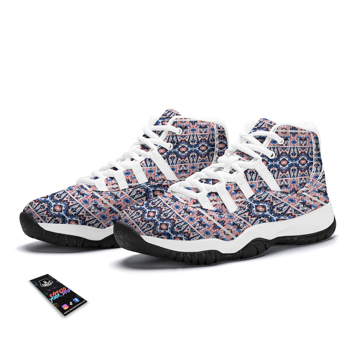 Southwestern Blue And Pink Print Pattern White Bball Shoes-grizzshop