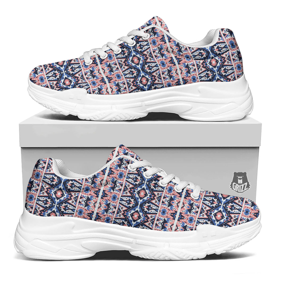 Southwestern Blue And Pink Print Pattern White Chunky Shoes-grizzshop