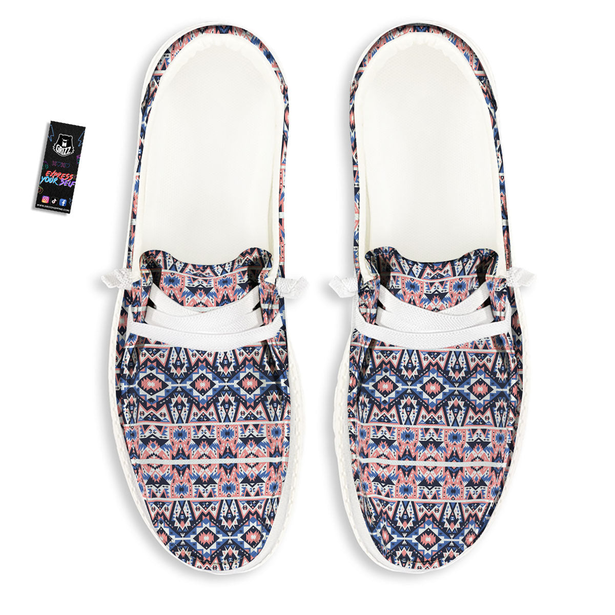 Southwestern Blue And Pink Print Pattern White Loafers-grizzshop
