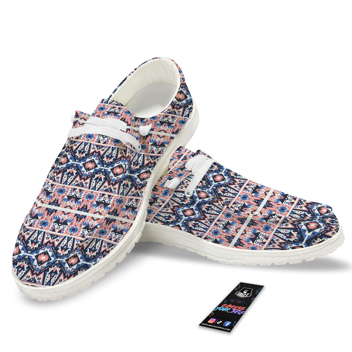 Southwestern Blue And Pink Print Pattern White Loafers-grizzshop