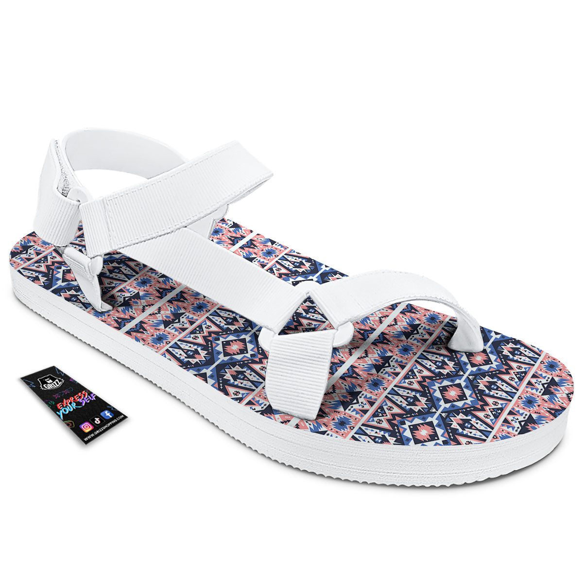 Southwestern Blue And Pink Print Pattern White Open Toe Sandals-grizzshop