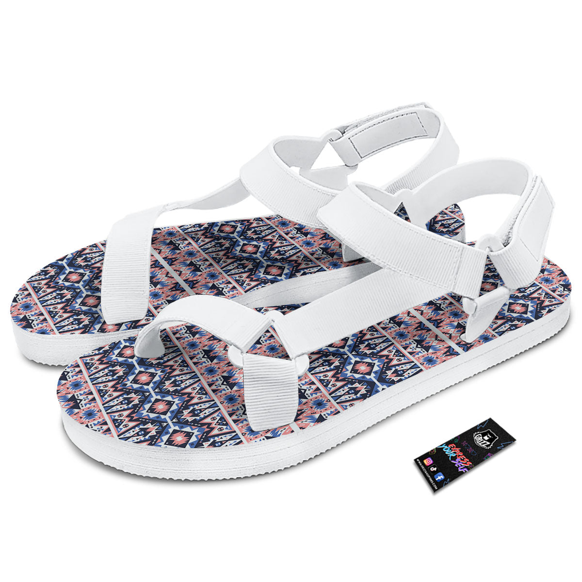 Southwestern Blue And Pink Print Pattern White Open Toe Sandals-grizzshop