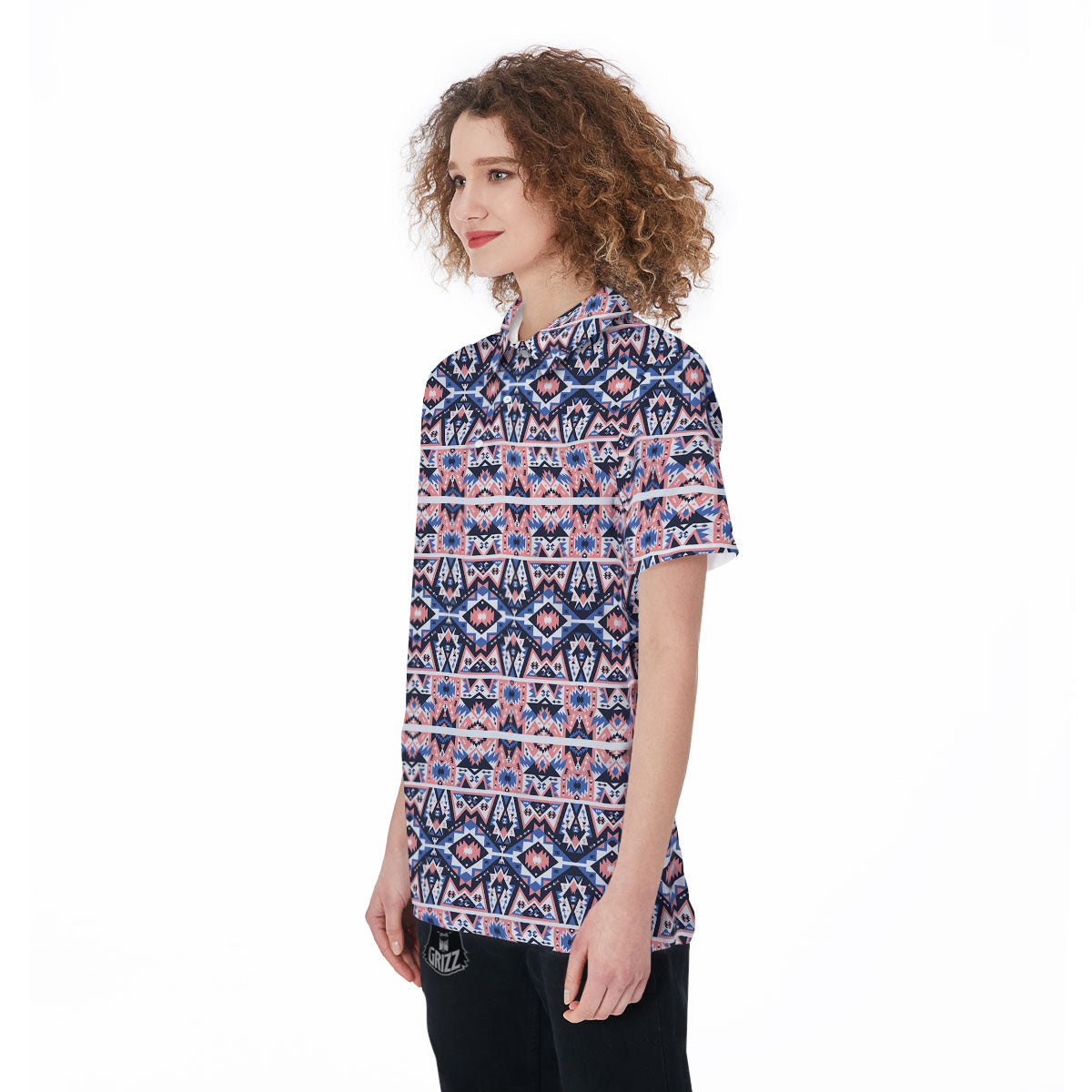 Southwestern Blue And Pink Print Pattern Women's Golf Shirts-grizzshop