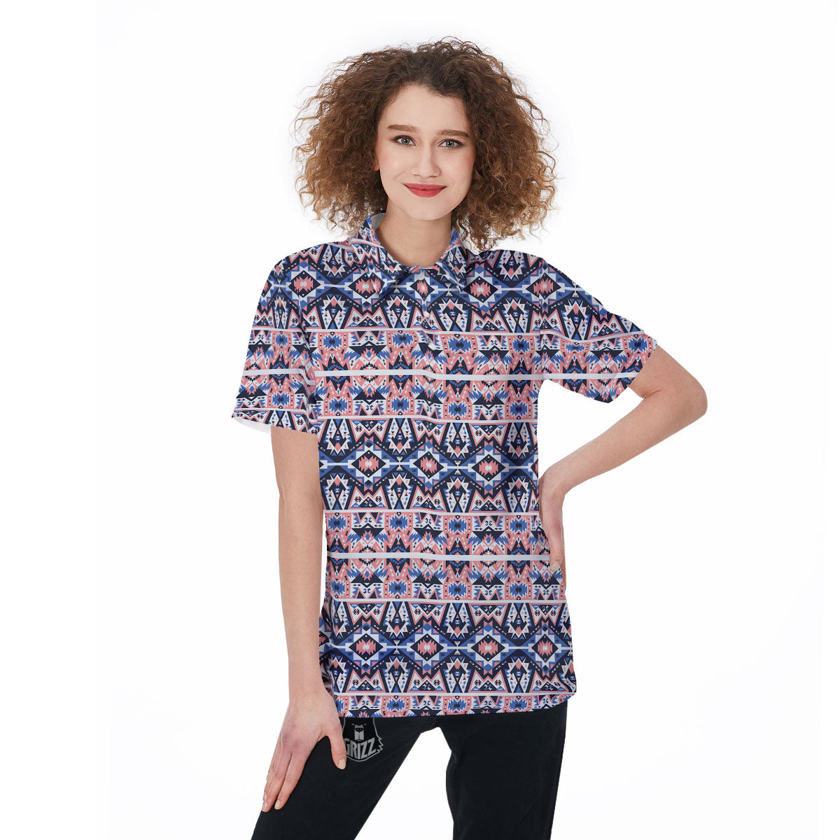Southwestern Blue And Pink Print Pattern Women's Golf Shirts-grizzshop