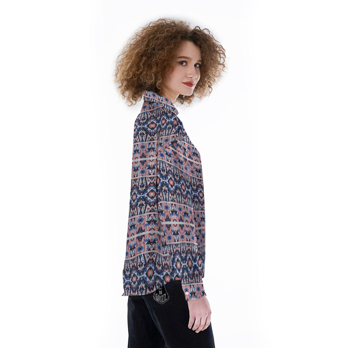 Southwestern Blue And Pink Print Pattern Women's Long Sleeve Shirts-grizzshop