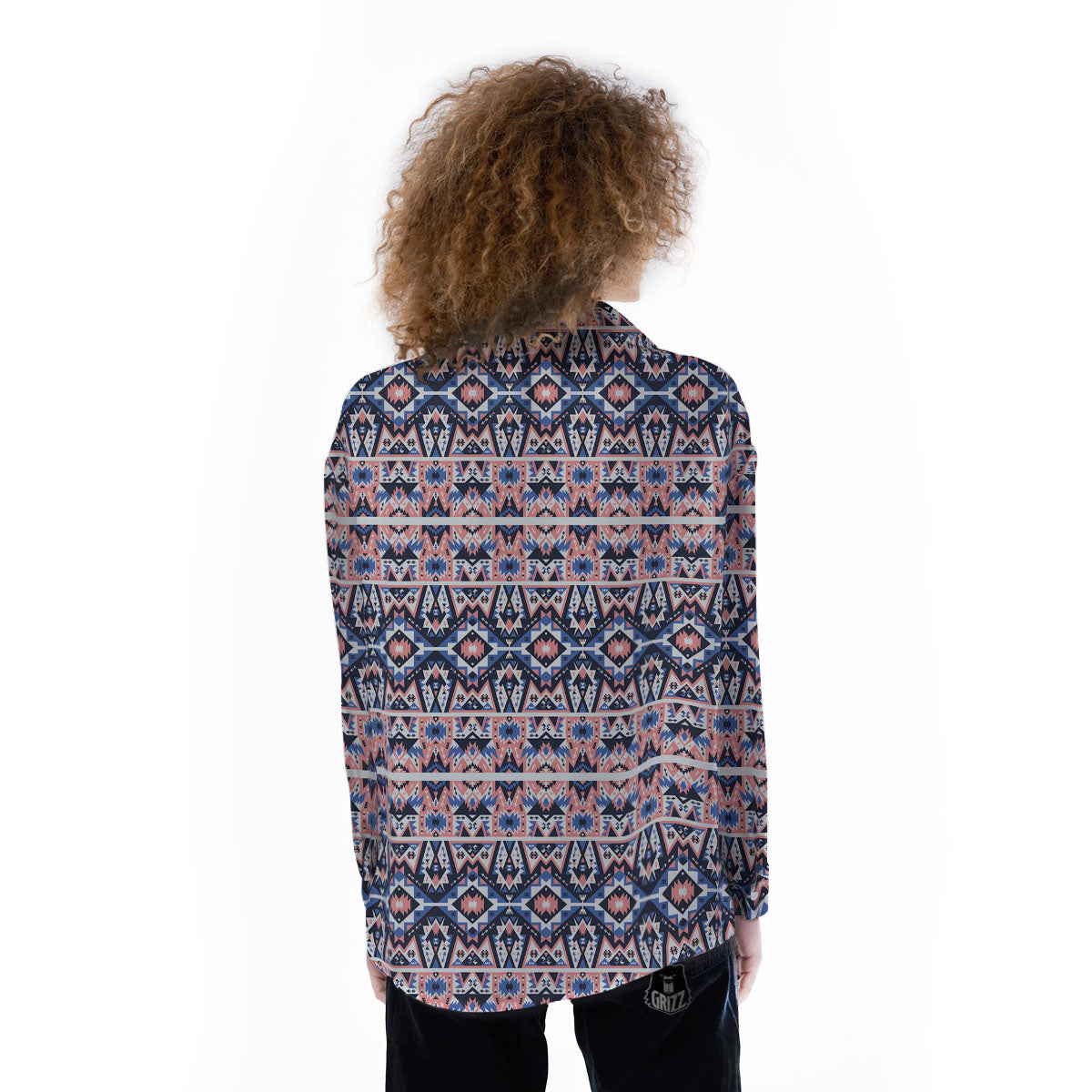 Southwestern Blue And Pink Print Pattern Women's Long Sleeve Shirts-grizzshop