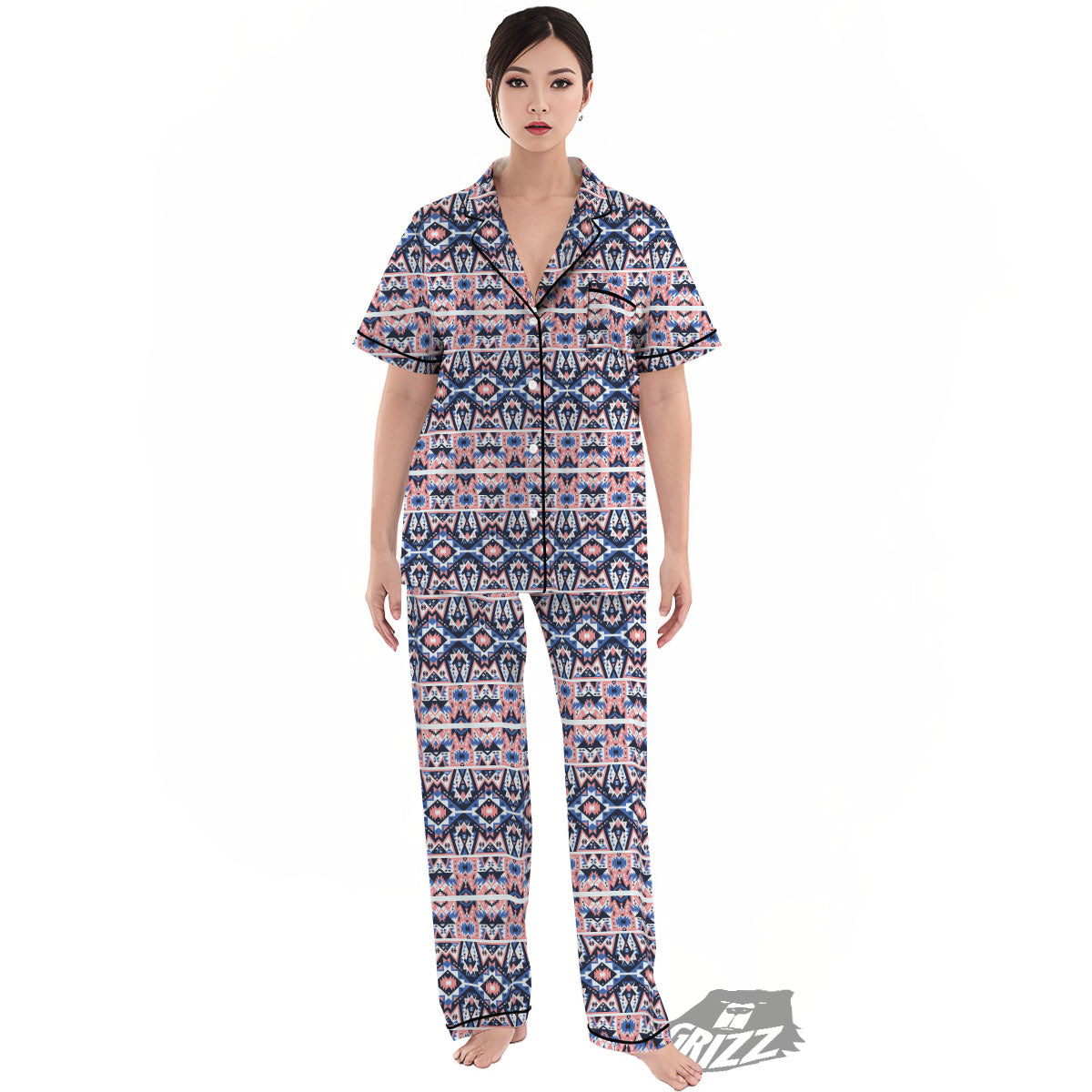 Southwestern Blue And Pink Print Pattern Women's Pajamas Set-grizzshop