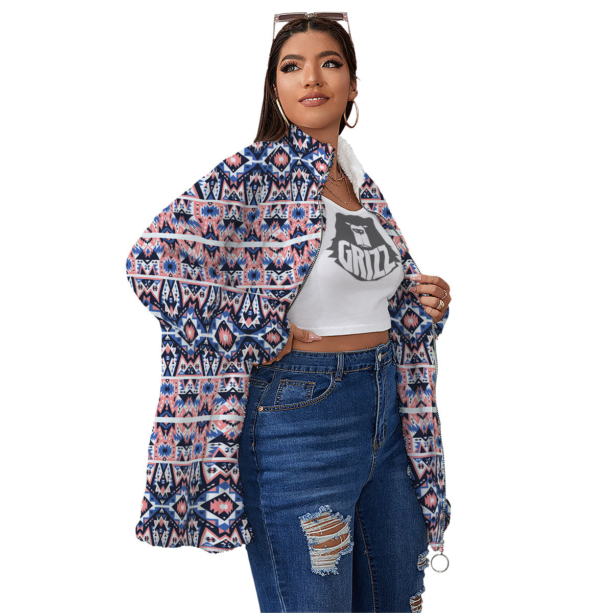 Southwestern Blue And Pink Print Pattern Women's Sherpa Jacket-grizzshop