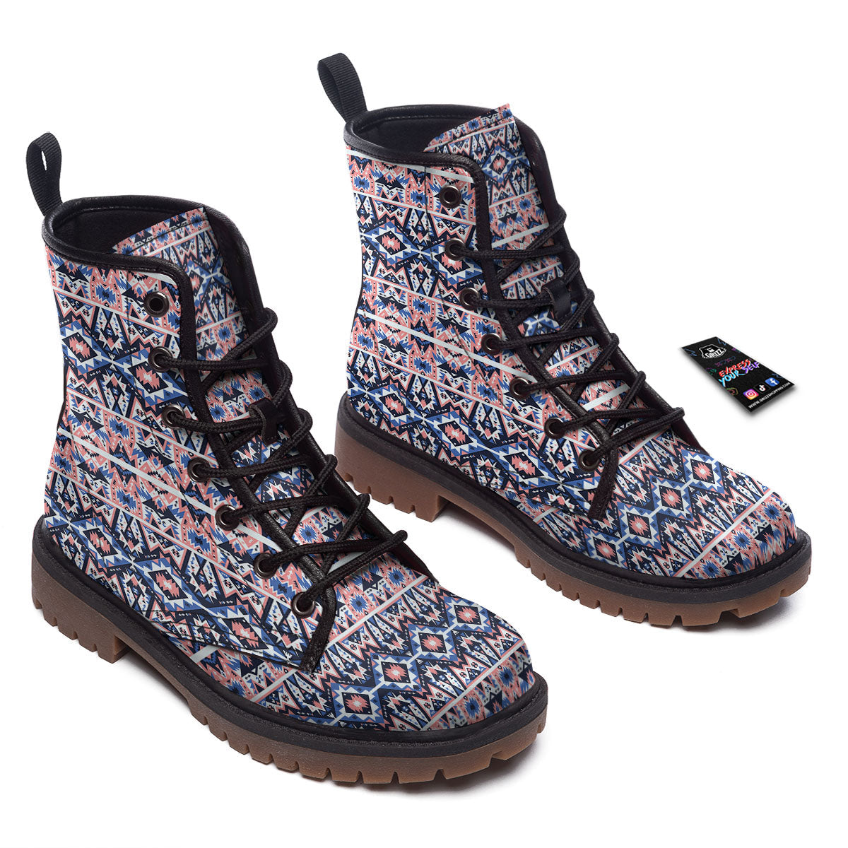 Southwestern Blue And Pink Print Pattern Work Boots-grizzshop
