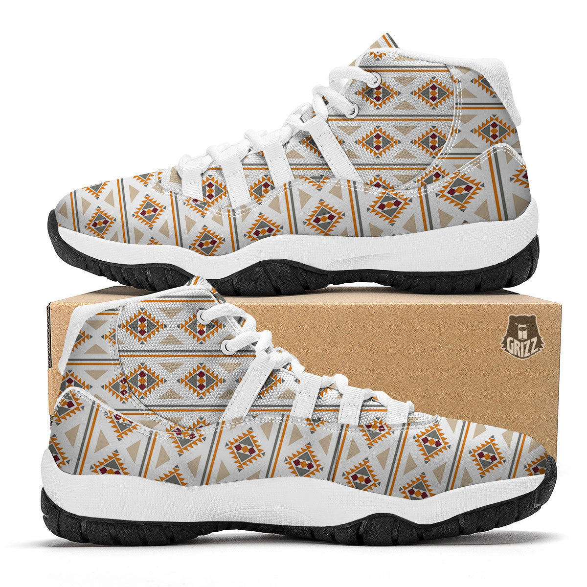 Southwestern Native Print Pattern White Bball Shoes-grizzshop
