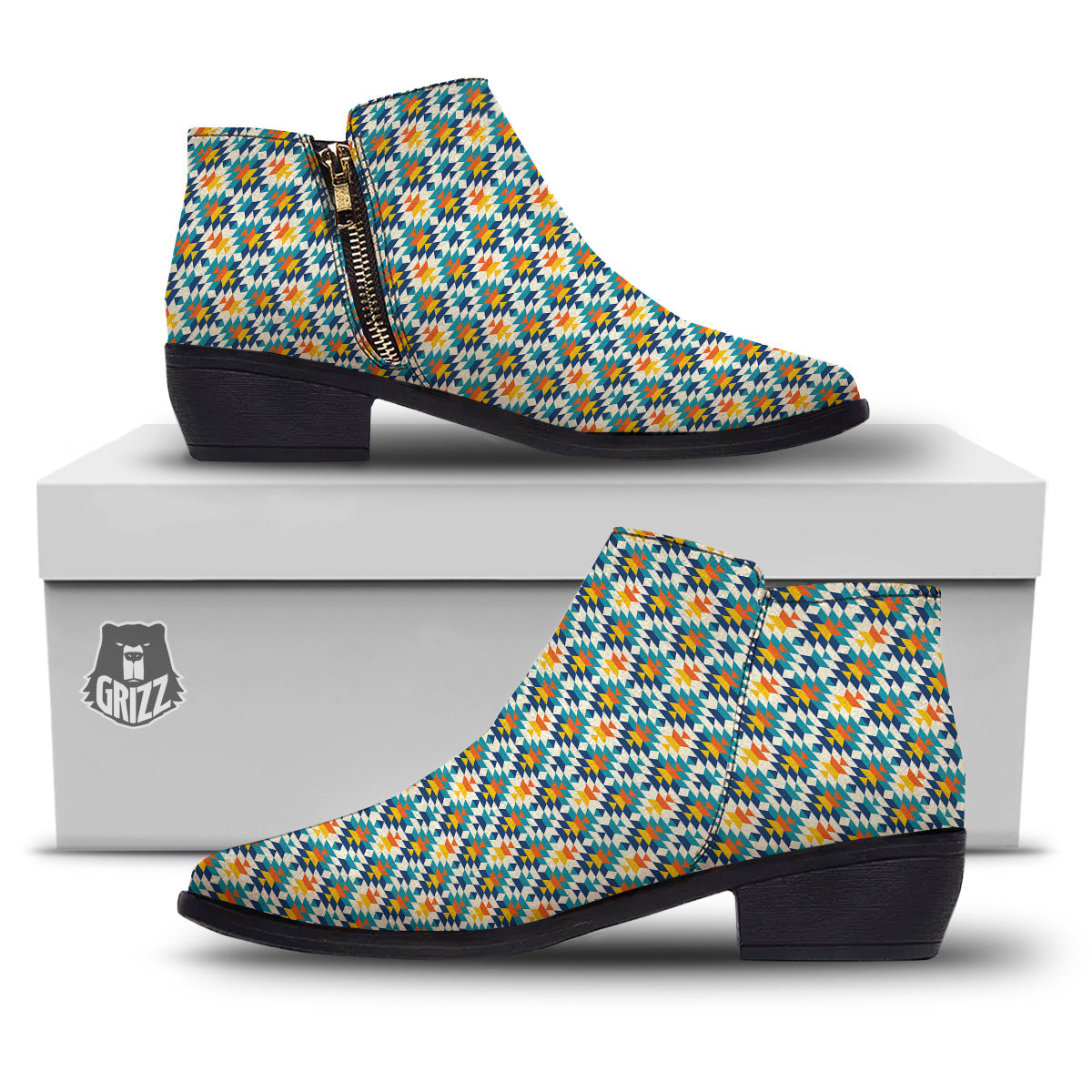 Southwestern Orange And Blue Print Ankle Boots-grizzshop