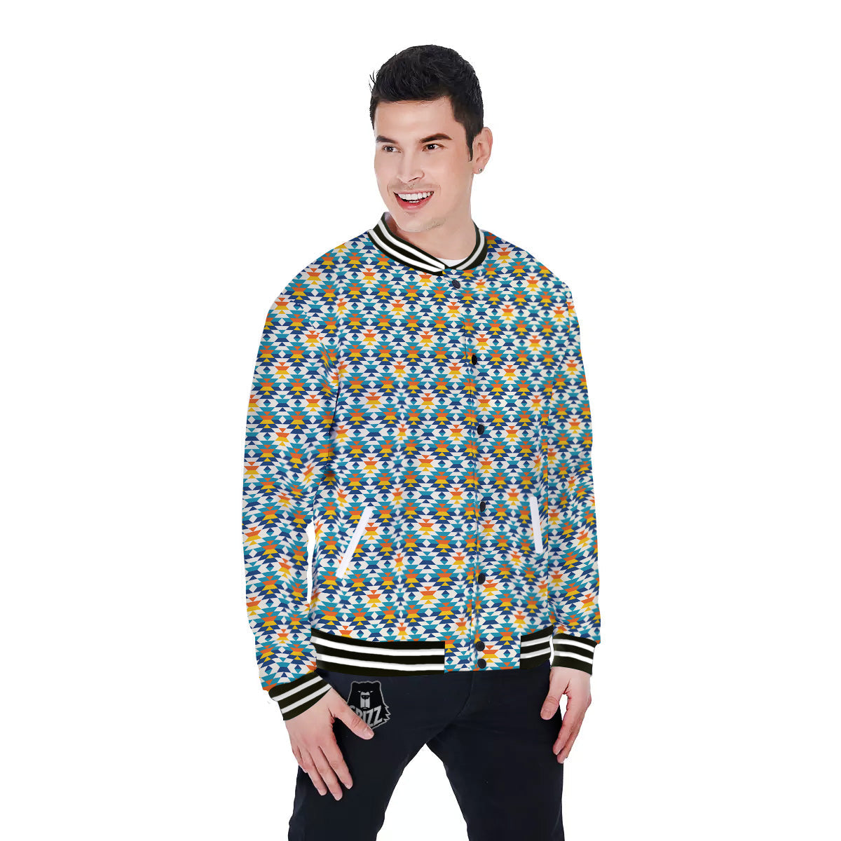 Southwestern Orange And Blue Print Baseball Jacket-grizzshop