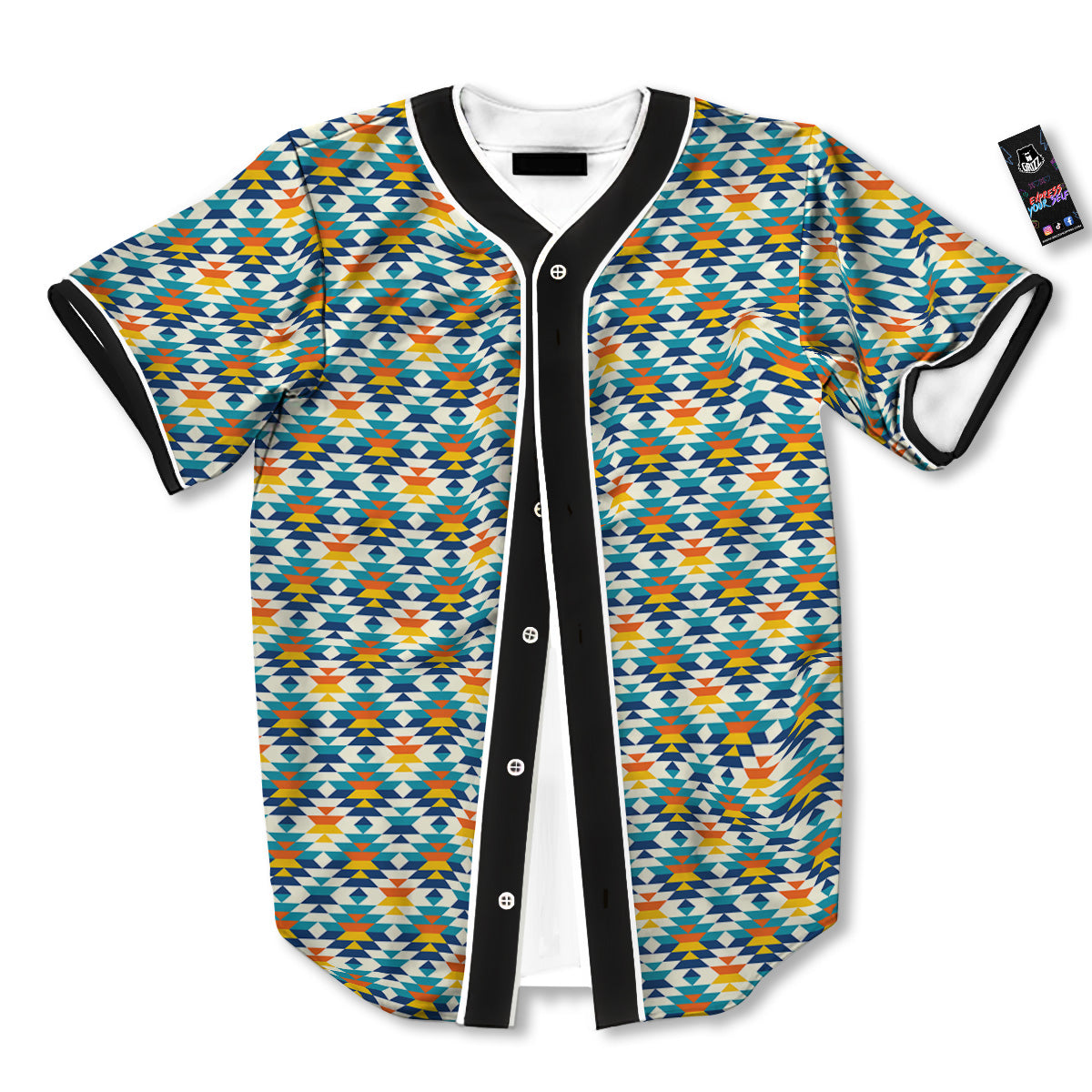 Southwestern Orange And Blue Print Baseball Jersey-grizzshop
