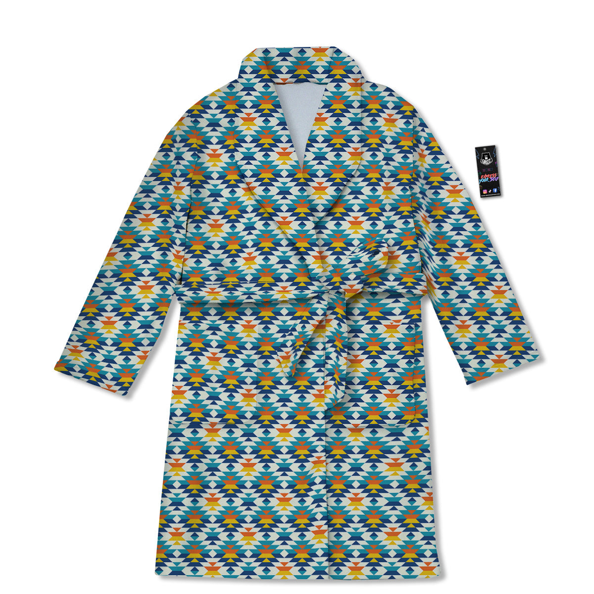 Southwestern Orange And Blue Print Bathrobe-grizzshop