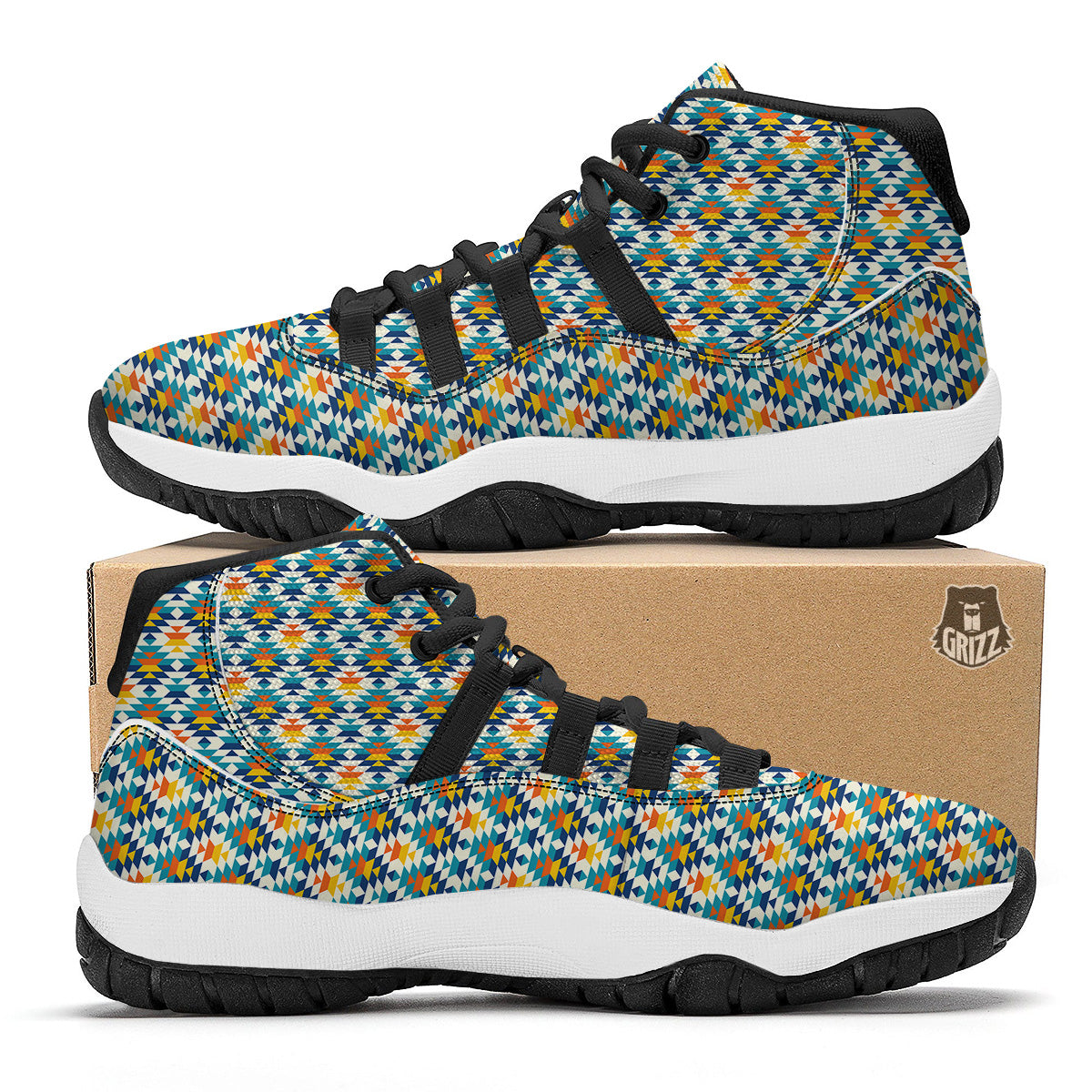 Southwestern Orange And Blue Print Black Bball Shoes-grizzshop