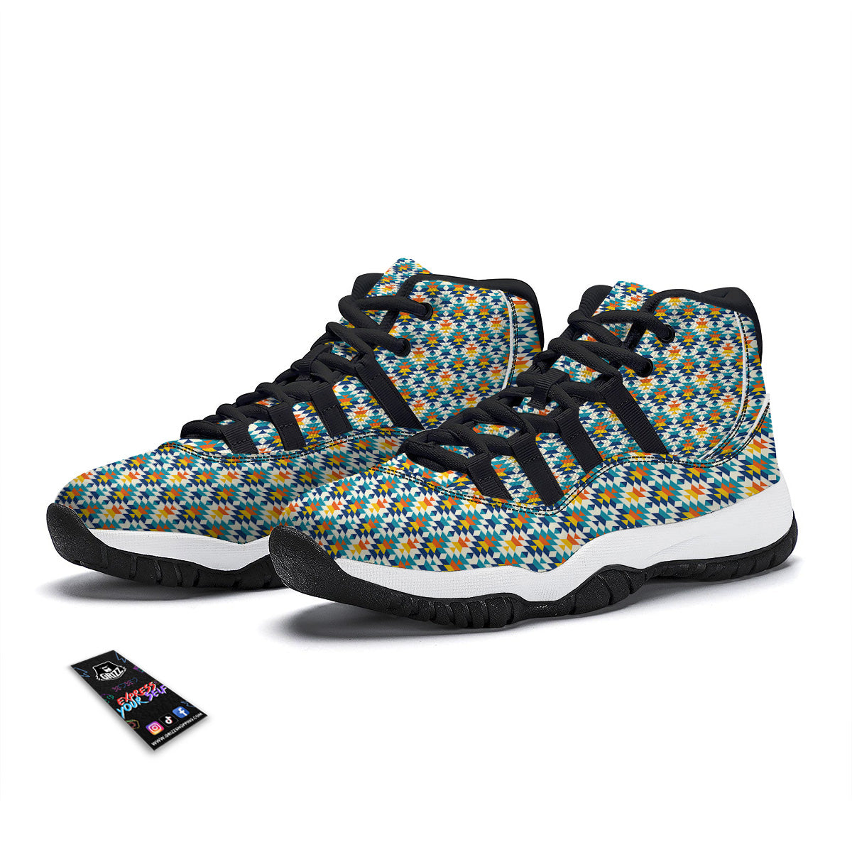 Southwestern Orange And Blue Print Black Bball Shoes-grizzshop