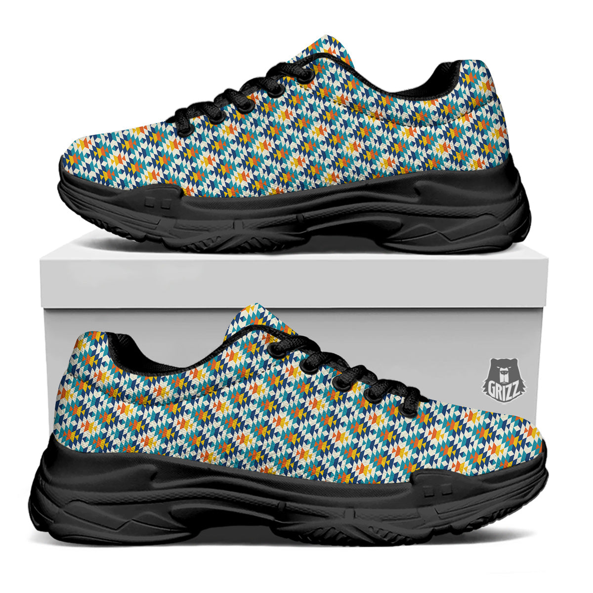 Southwestern Orange And Blue Print Black Chunky Shoes-grizzshop