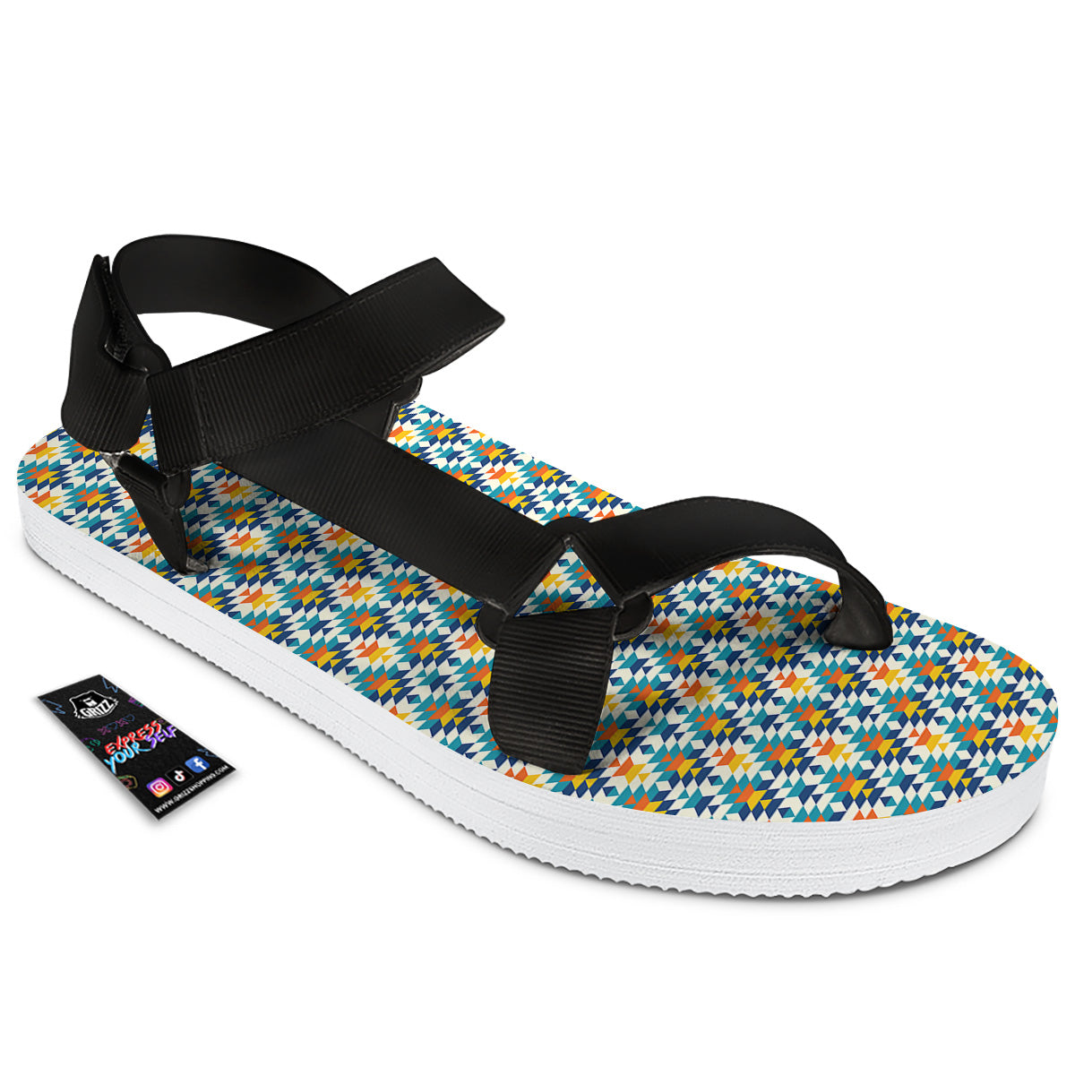 Southwestern Orange And Blue Print Black Open Toe Sandals-grizzshop