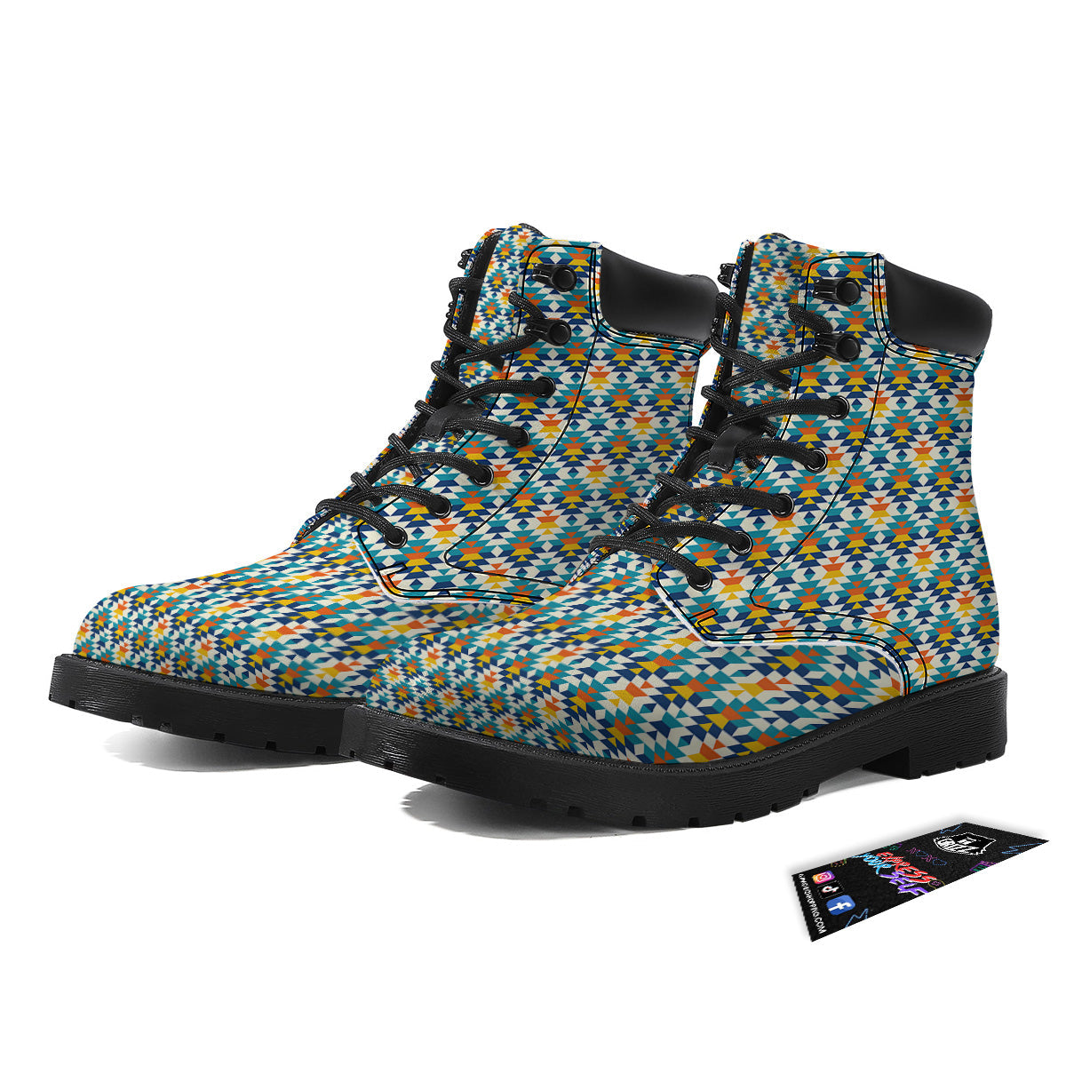 Southwestern Orange And Blue Print Boots-grizzshop