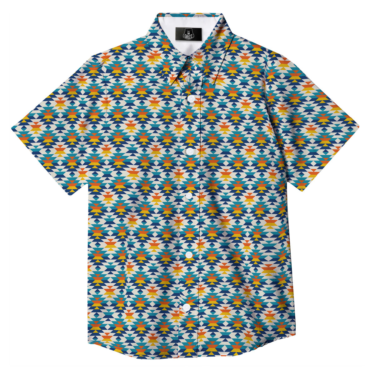 Southwestern Orange And Blue Print Button Up Shirt-grizzshop