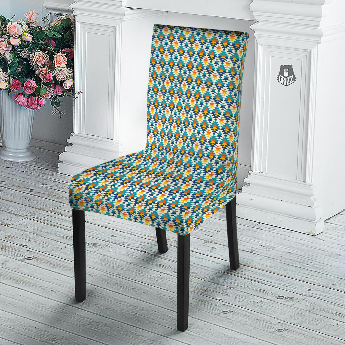 Southwestern Orange And Blue Print Dining Chair Slipcover-grizzshop