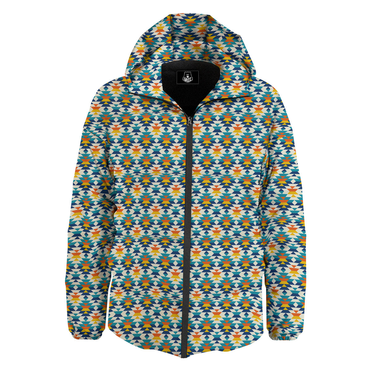 Southwestern Orange And Blue Print Down Jacket-grizzshop