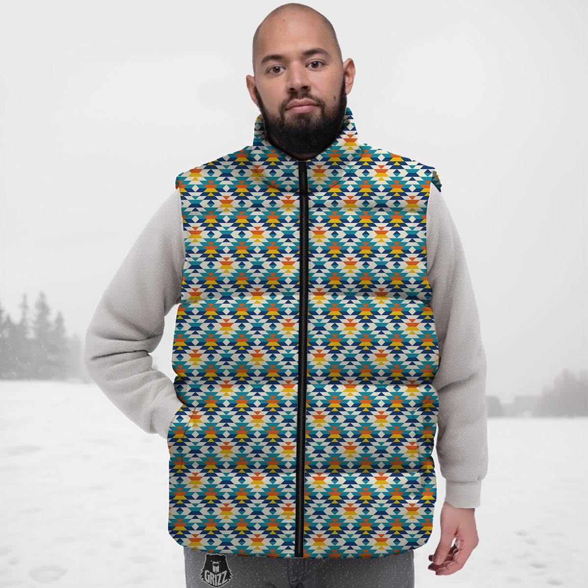 Southwestern Orange And Blue Print Down Vest