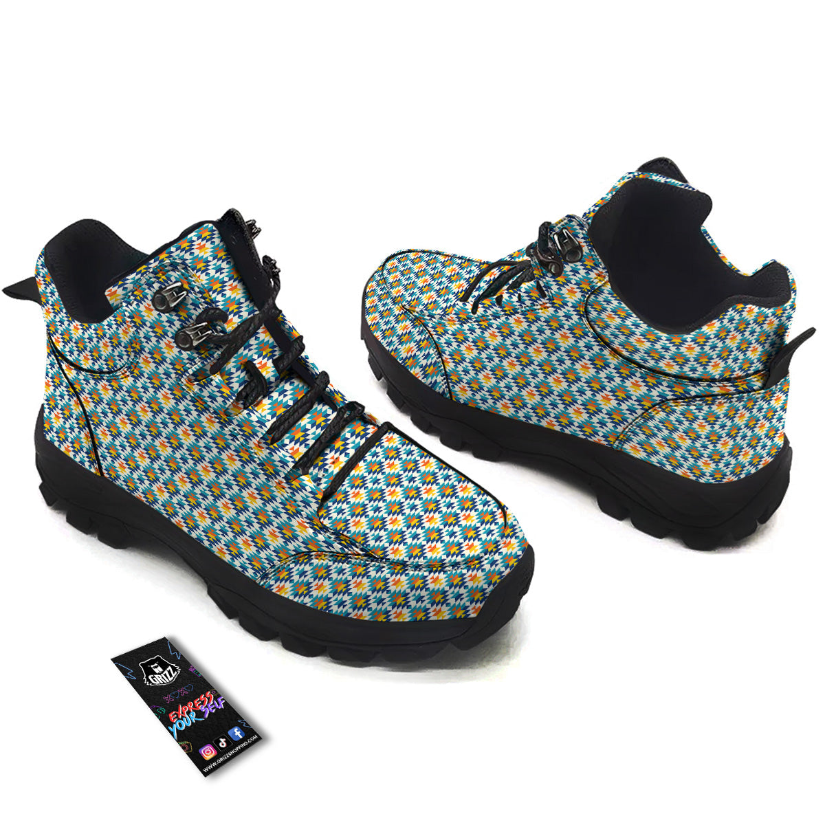 Southwestern Orange And Blue Print Hiking Shoes-grizzshop